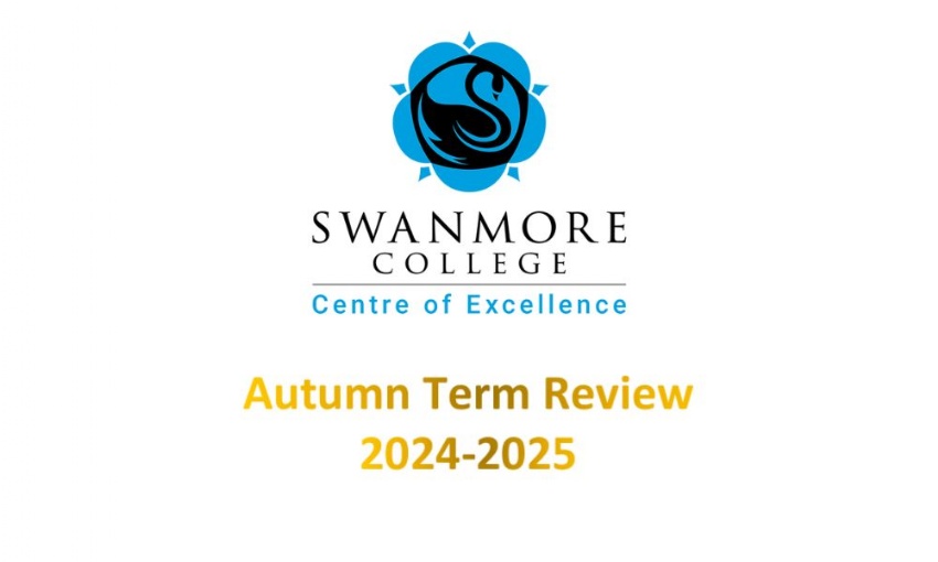 Image shows Swanmore logo on white background, with gold wording that reads 'Autumn Term Review 2024-2025'